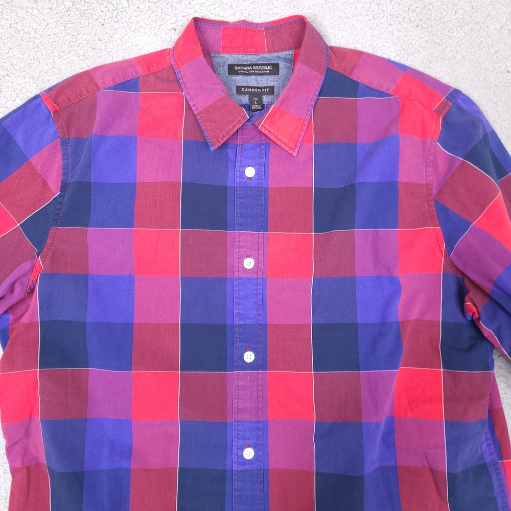 Banana Republic‎ Shirt Mens Large Tall Red Blue Plaid Camden Fit Custom 078 Wash